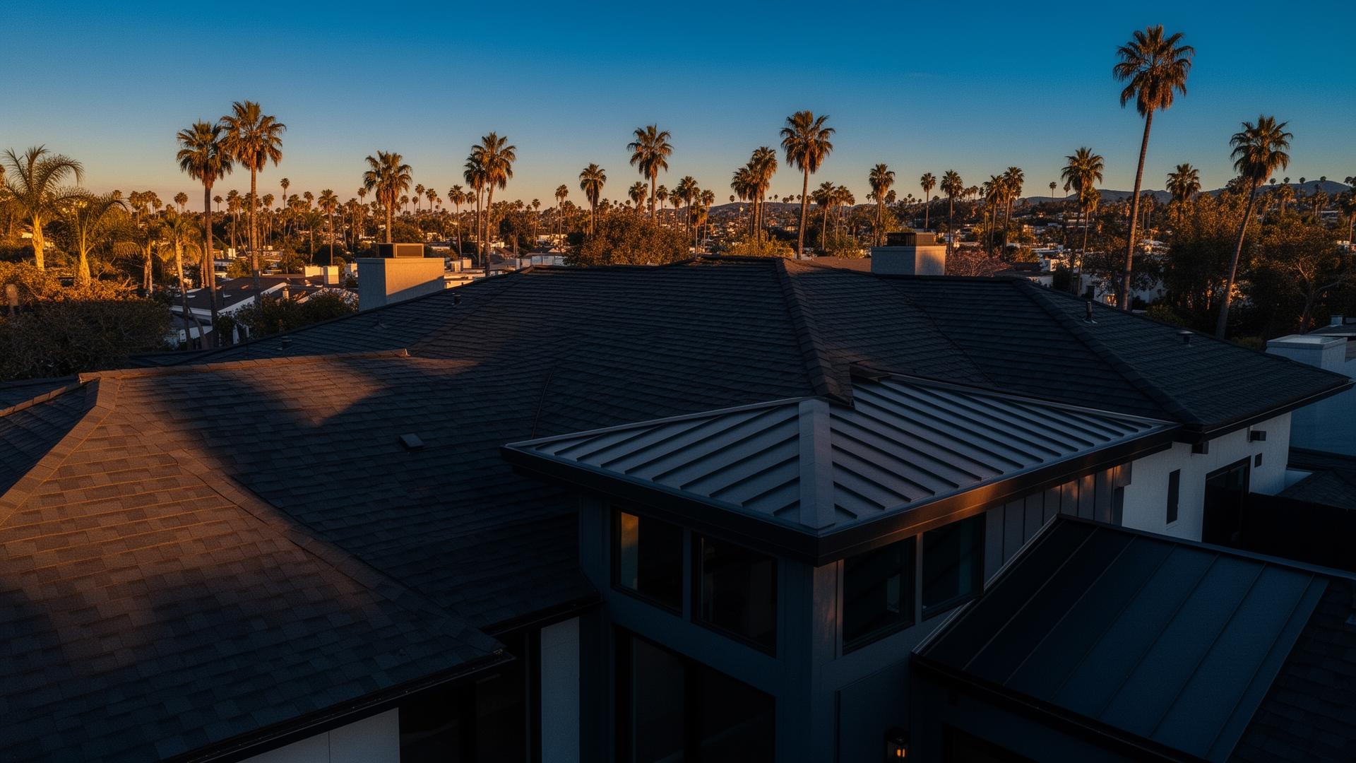 Aerial view of a residential roof in Southern California at golden hour